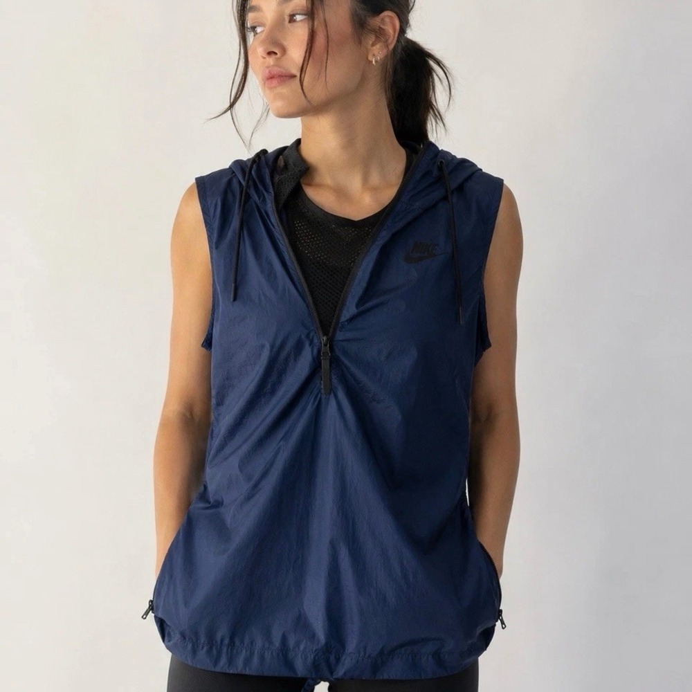 Nike Womens Tech Hypermesh Half Zip Hooded Vest Blue Zipper Back XS 725838-451